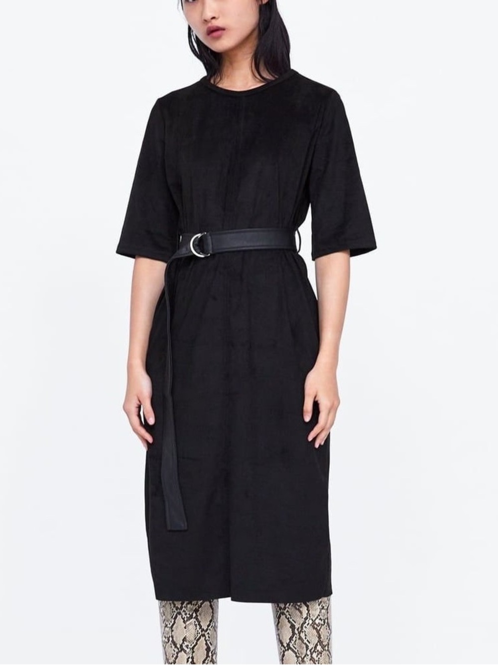 Zara Black Belted Suede Midi Dress Minimalist Work Office Chic Size S